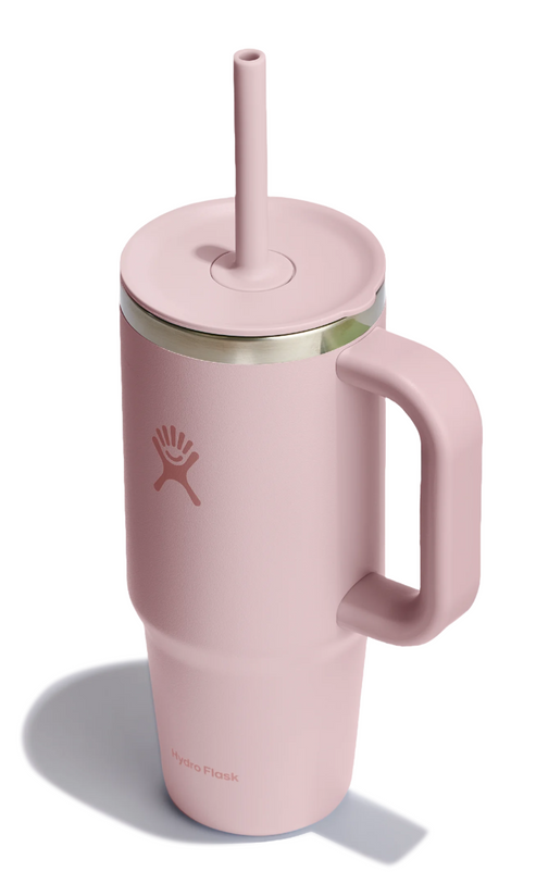 Pink stainless steel tumbler with lid, straw, and handle.