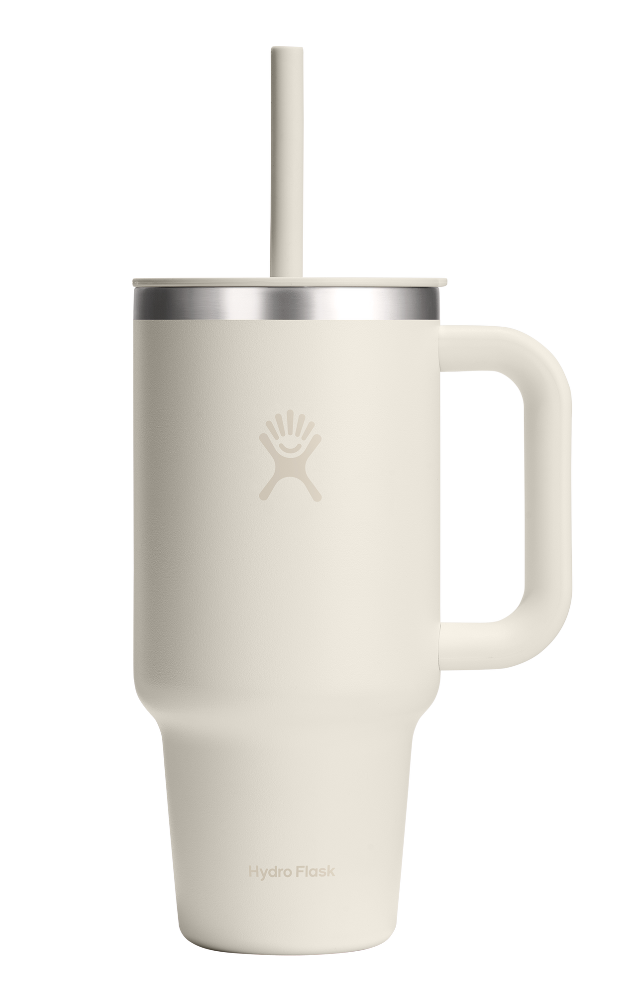 White mug with handle, silver lid, and straw.