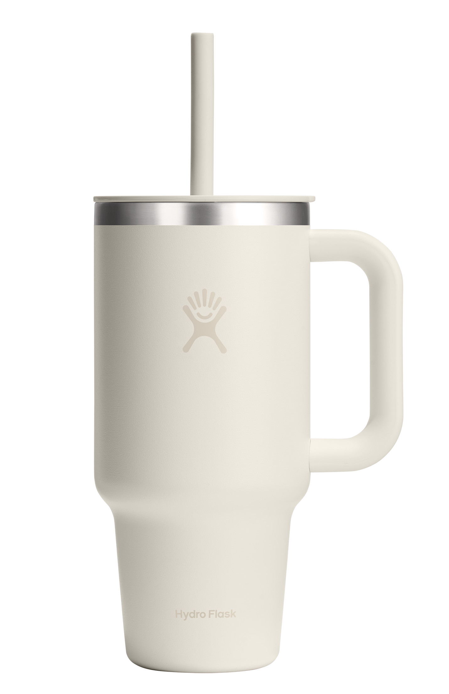White mug with handle, silver lid, and straw.