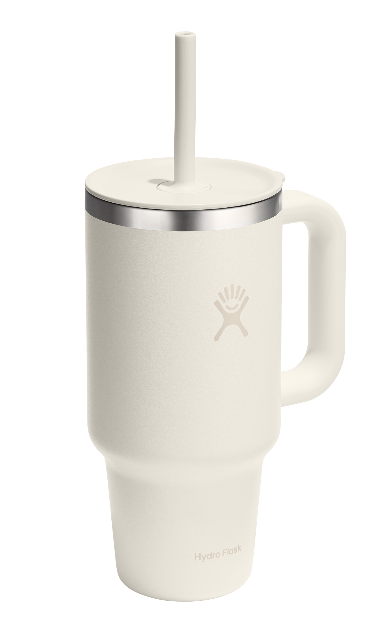 White insulated mug with handle, lid, and straw.