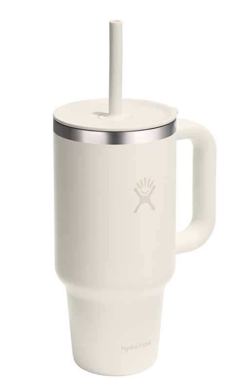 White insulated mug with handle, lid, and straw.