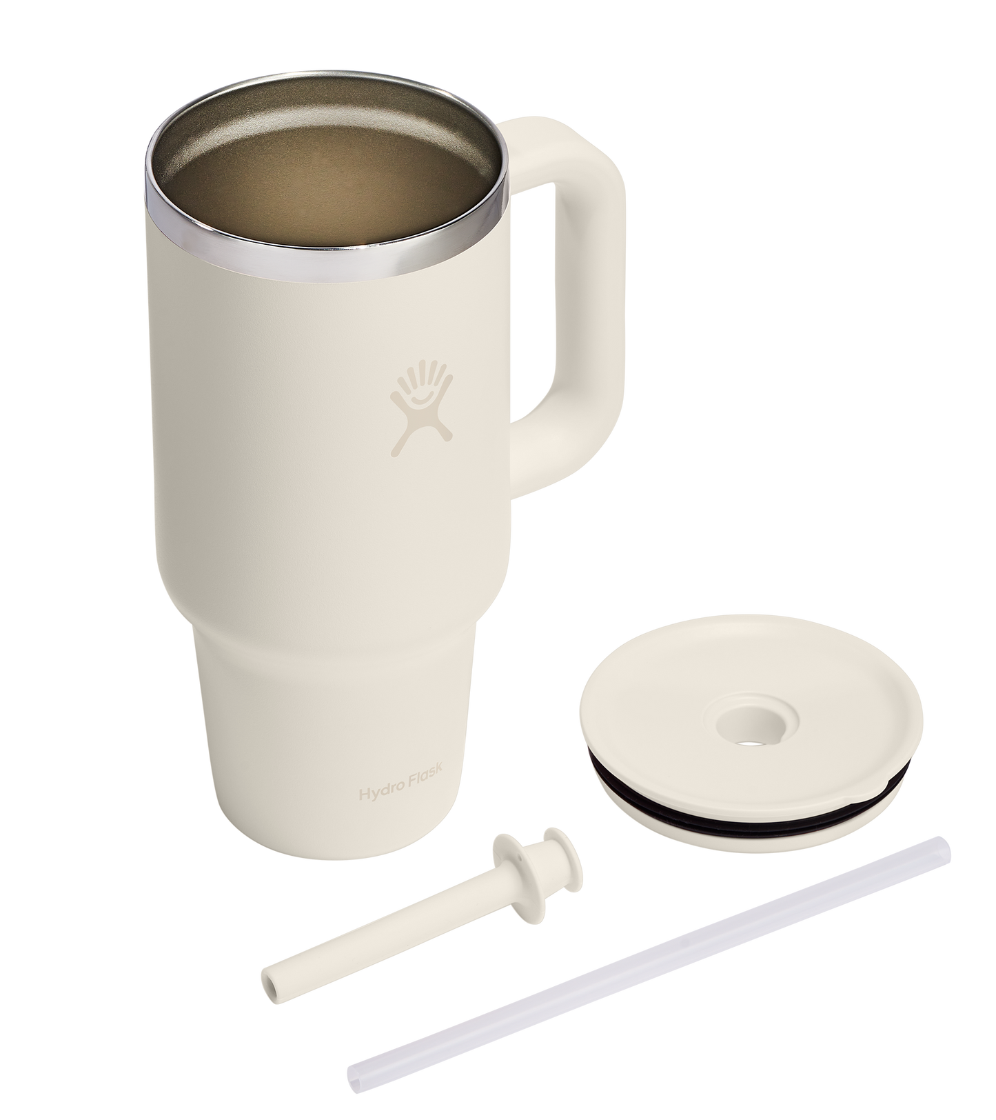 Insulated mug with handle, lid, straw and straw cleaner.