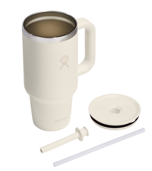 Insulated mug with handle, lid, straw and straw cleaner.