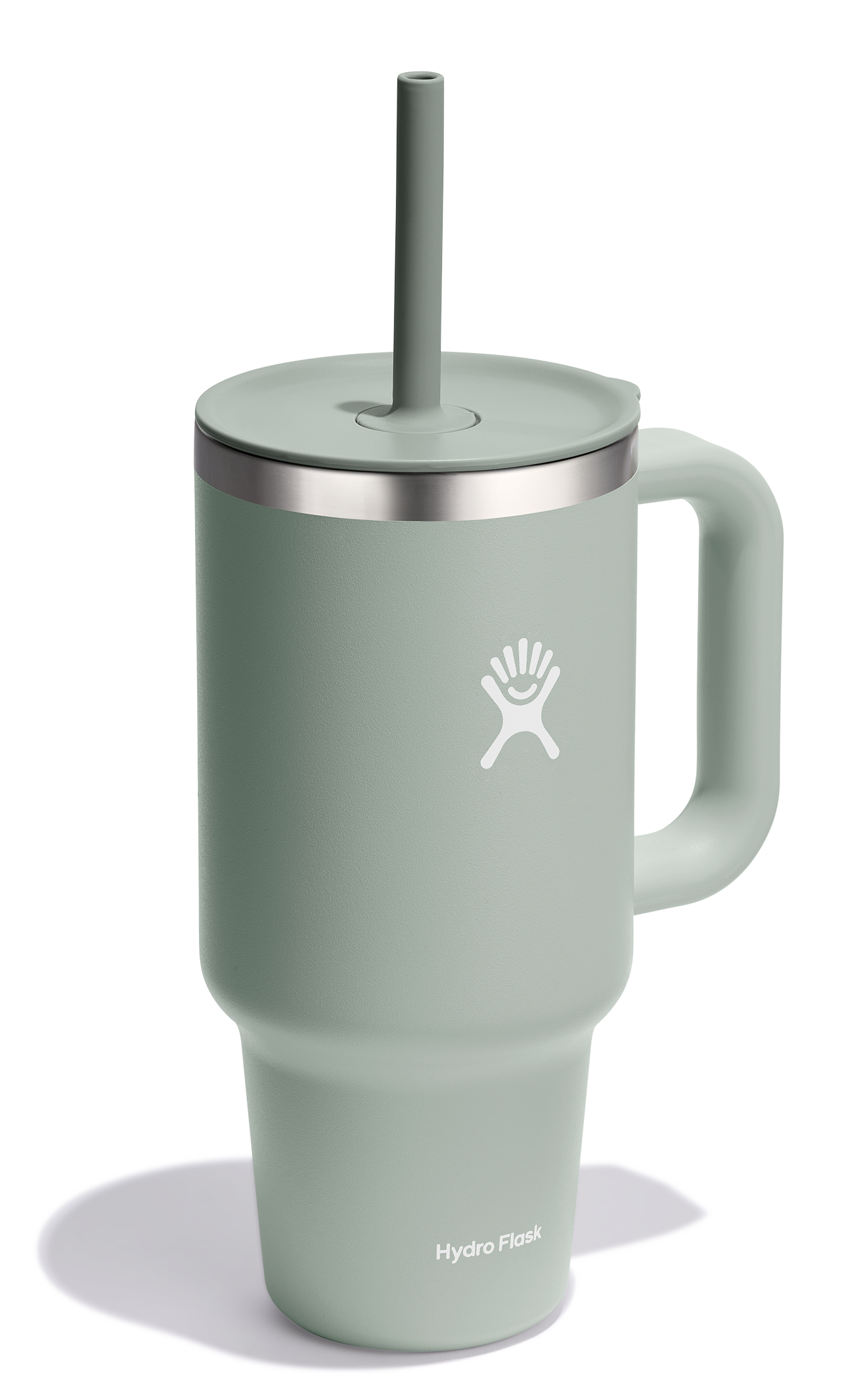 Mint green tumbler with handle, straw, and logo.