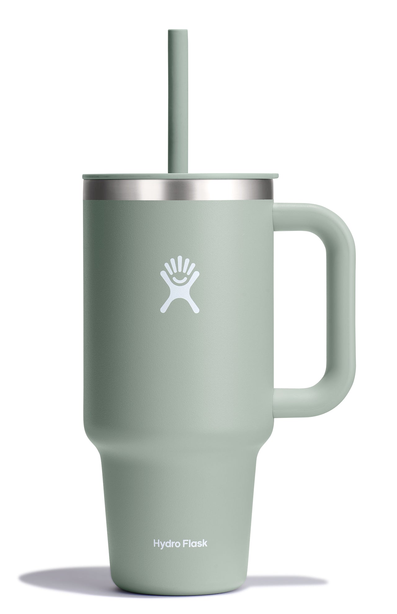 Light green insulated tumbler with a handle and straw, featuring a white logo.