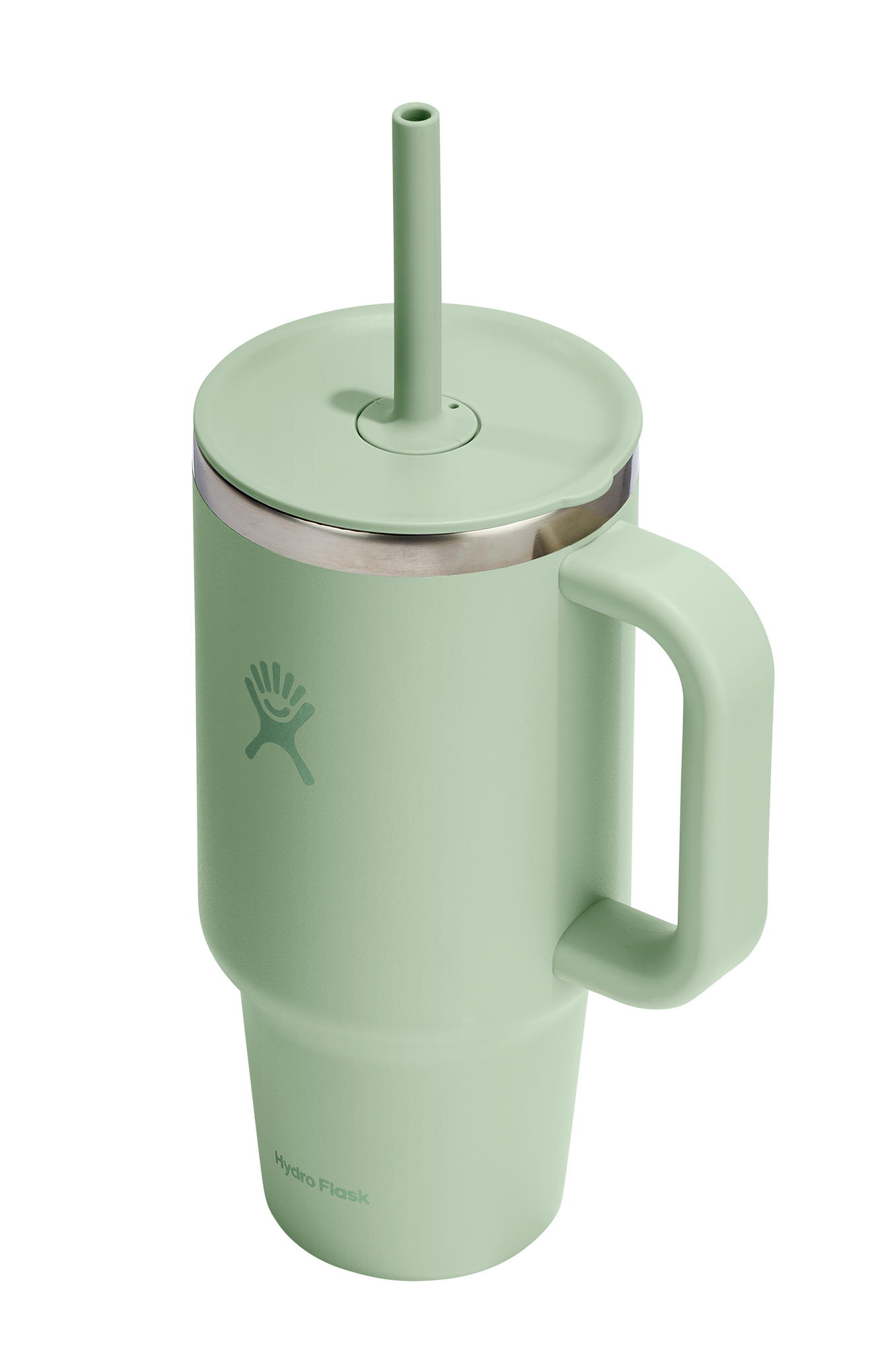 Green insulated tumbler with handle, lid, and straw.