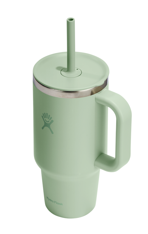 Green insulated tumbler with handle, lid, and straw.