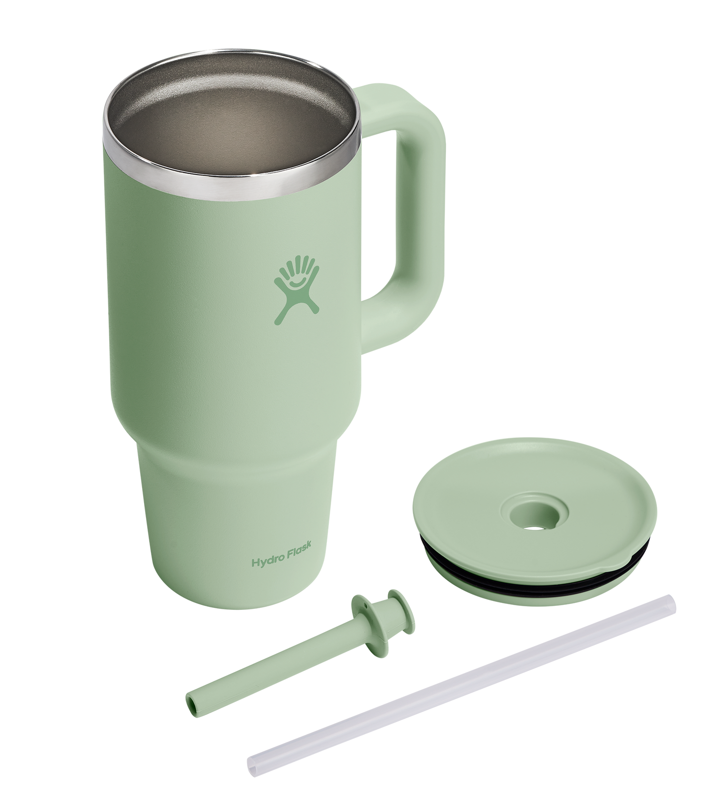 Green, stainless steel mug with handle; a lid with a black rubber ring and a straw are next to it.