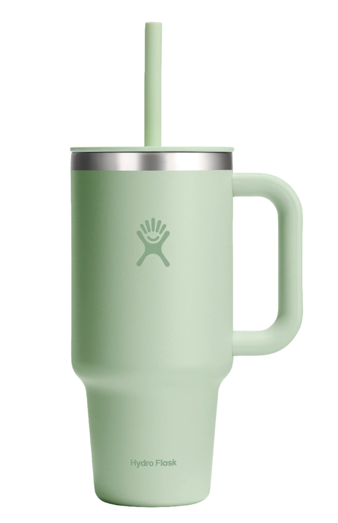 Mint green tumbler with handle, straw, and lid displaying a hand-shaped logo