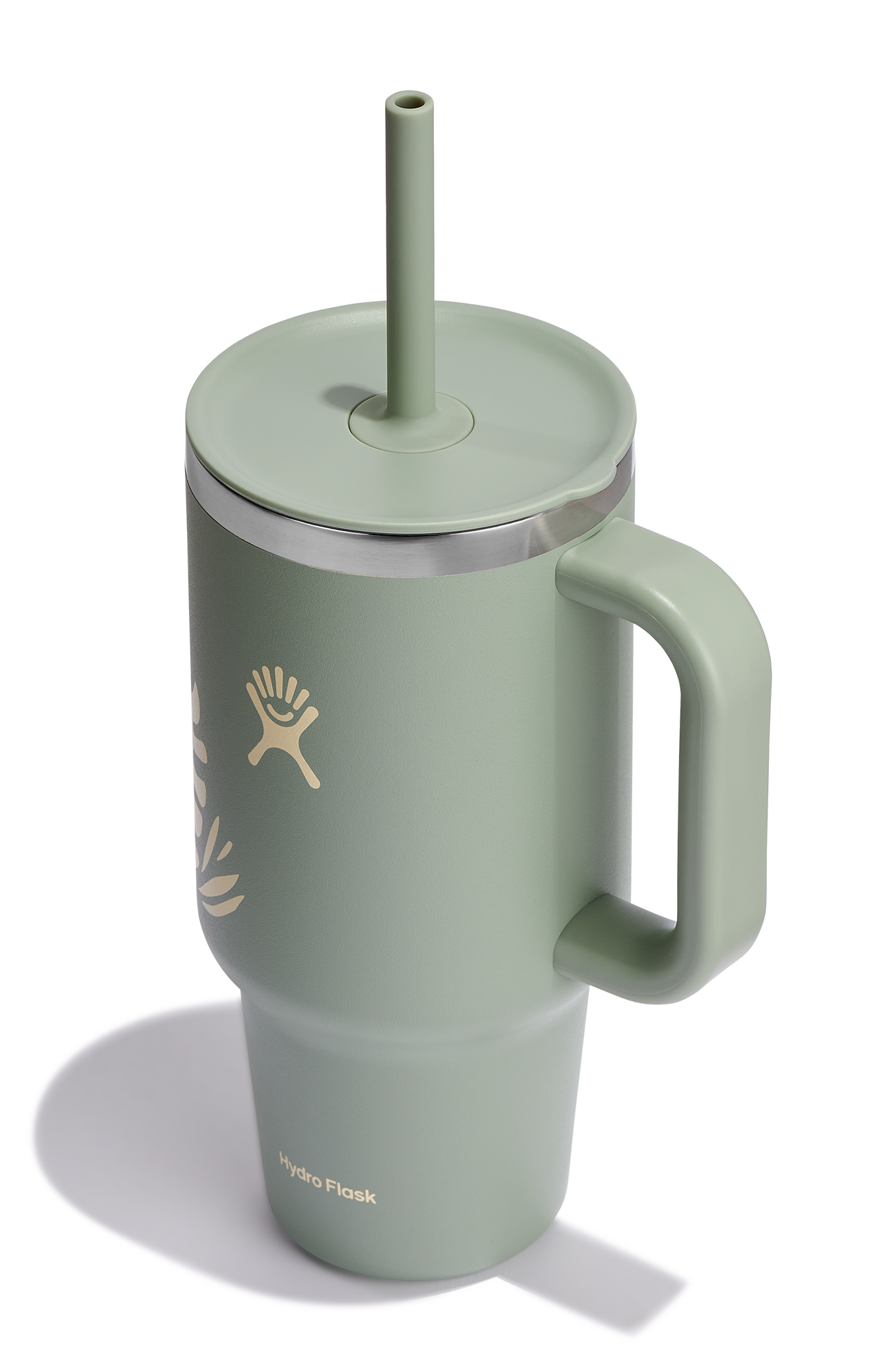 Green tumbler with handle, lid, and straw, featuring a logo.
