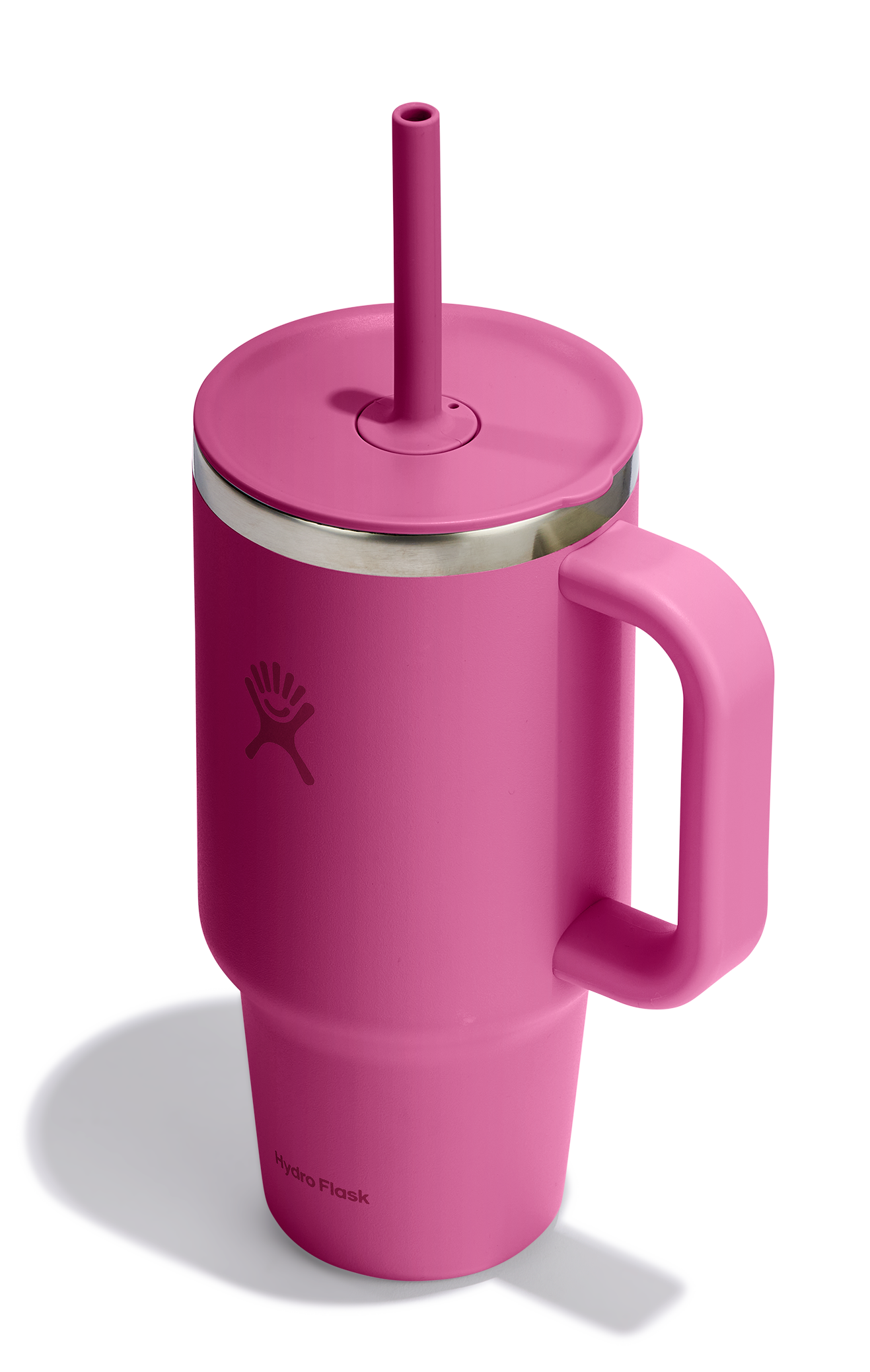 Pink stainless steel tumbler with handle and straw.