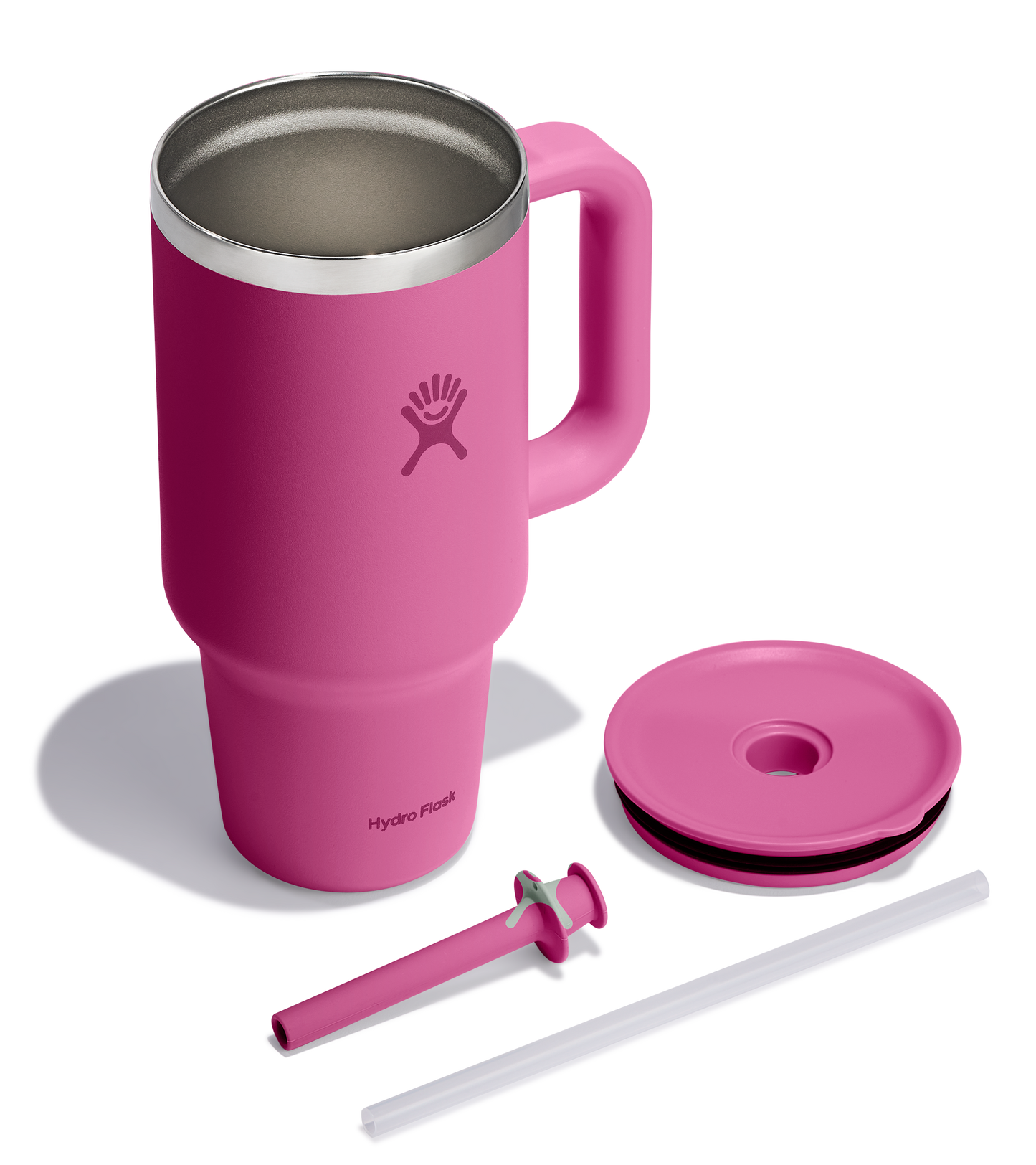 Fuchsia mug with handle, lid, and straw.