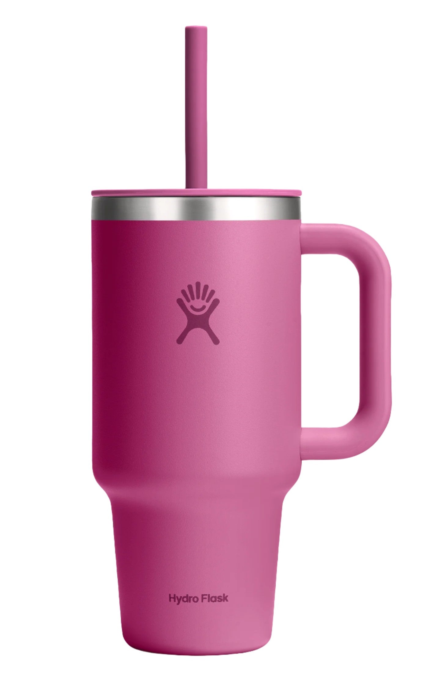 Pink stainless steel insulated mug with handle and straw, logo visible.