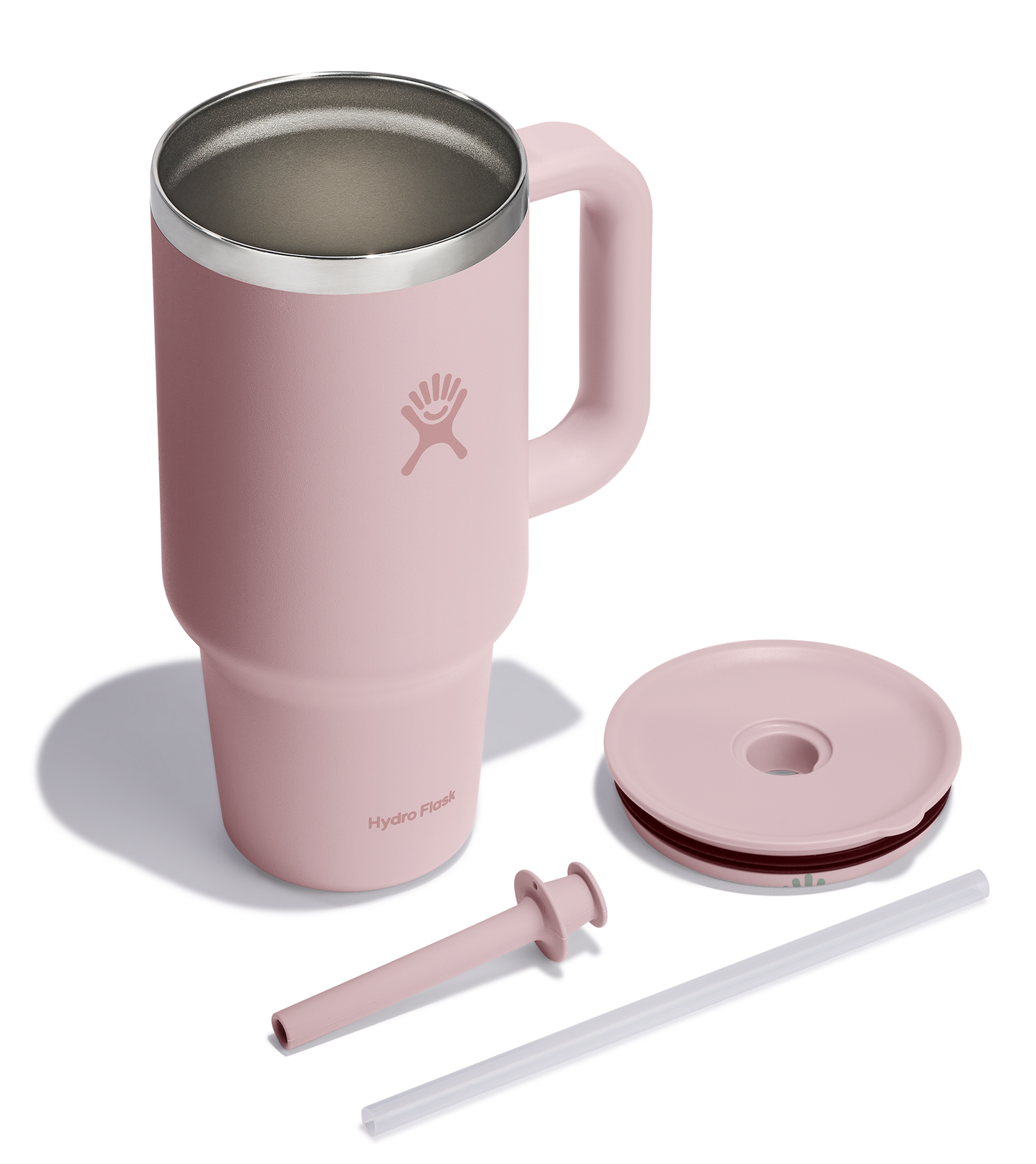 Pink stainless steel tumbler with handle, lid, straw, and cleaner.