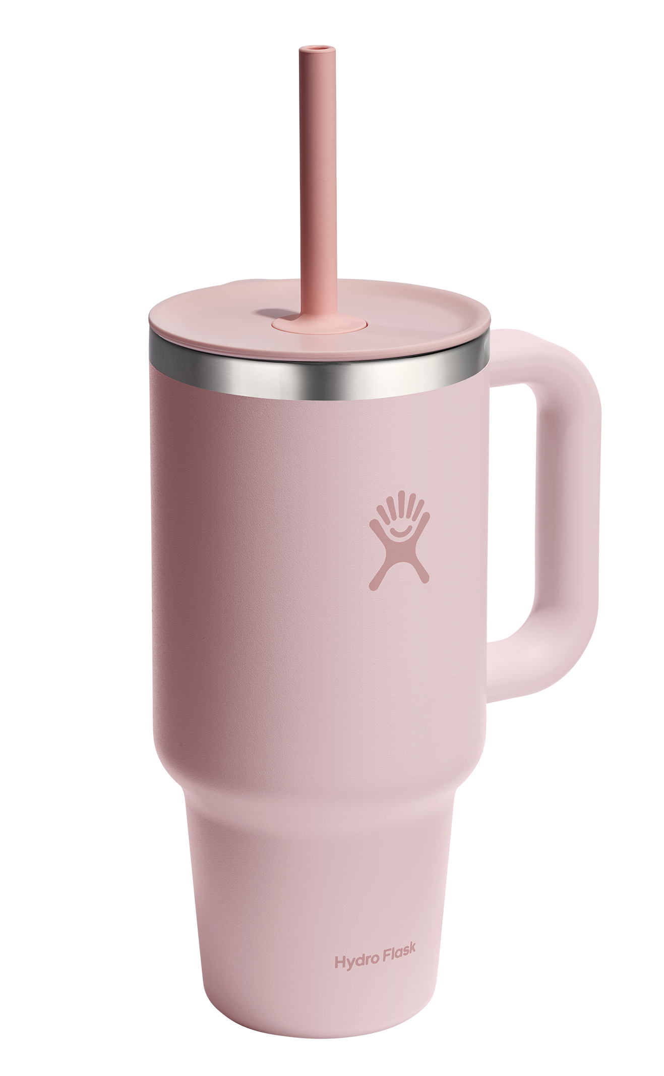 Pink insulated mug with handle and straw.