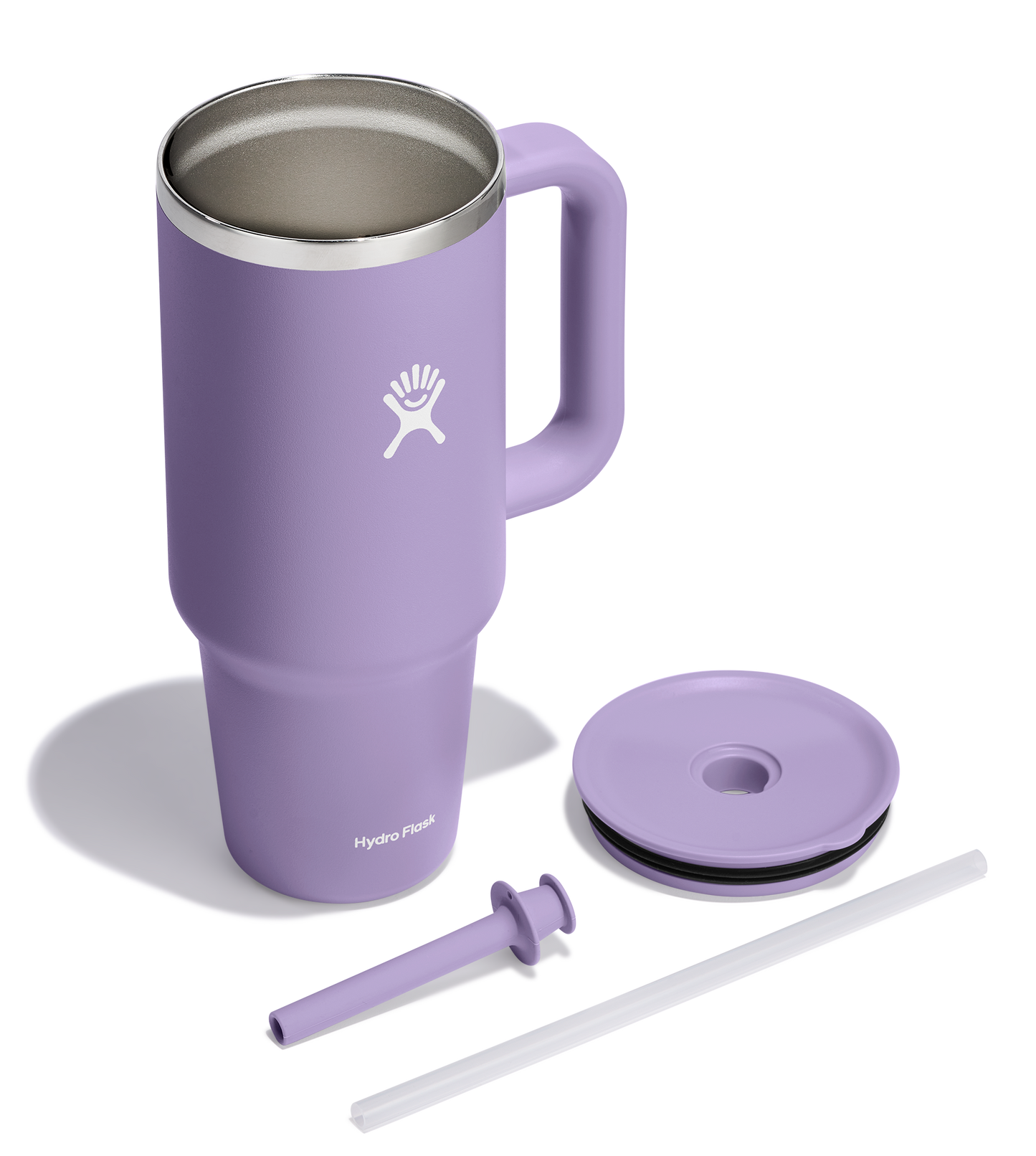 Lavender stainless steel tumbler with handle, plastic straw and lid.