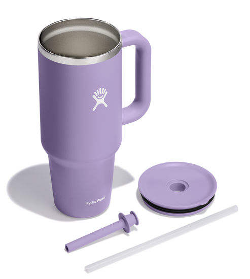 Lavender stainless steel tumbler with handle, plastic straw and lid.