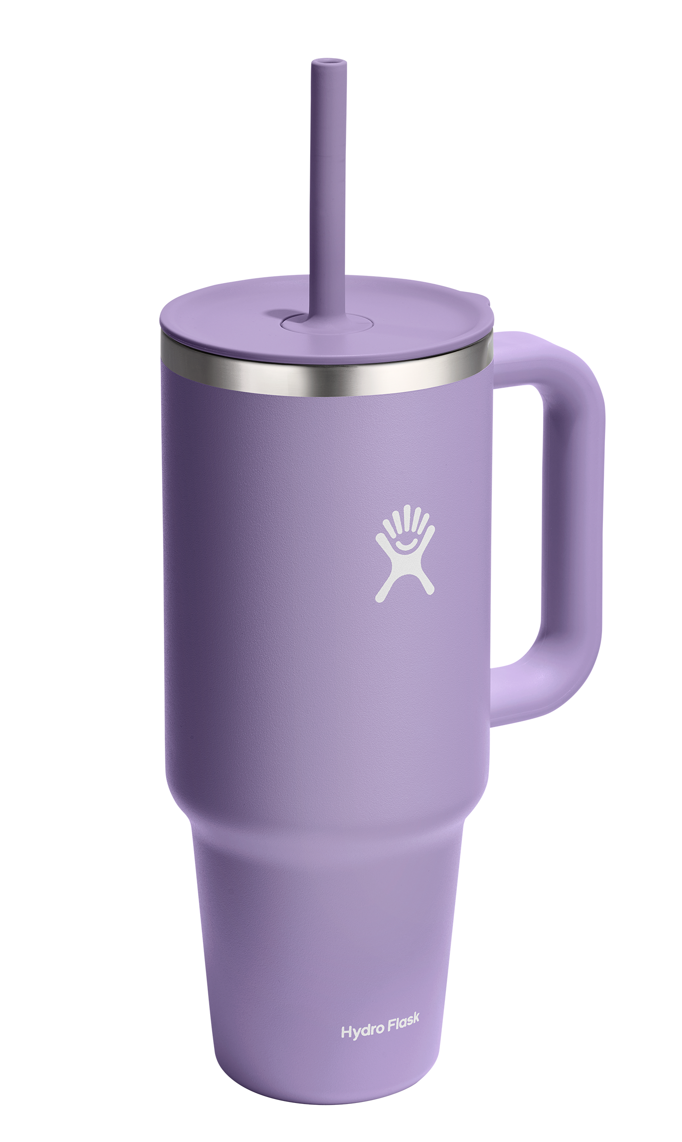 Lilac stainless steel mug with handle and straw.