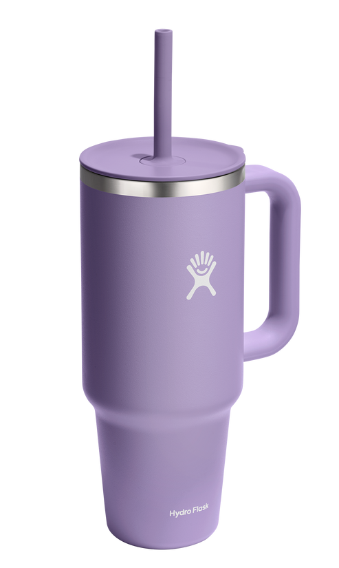 Lilac stainless steel mug with handle and straw.