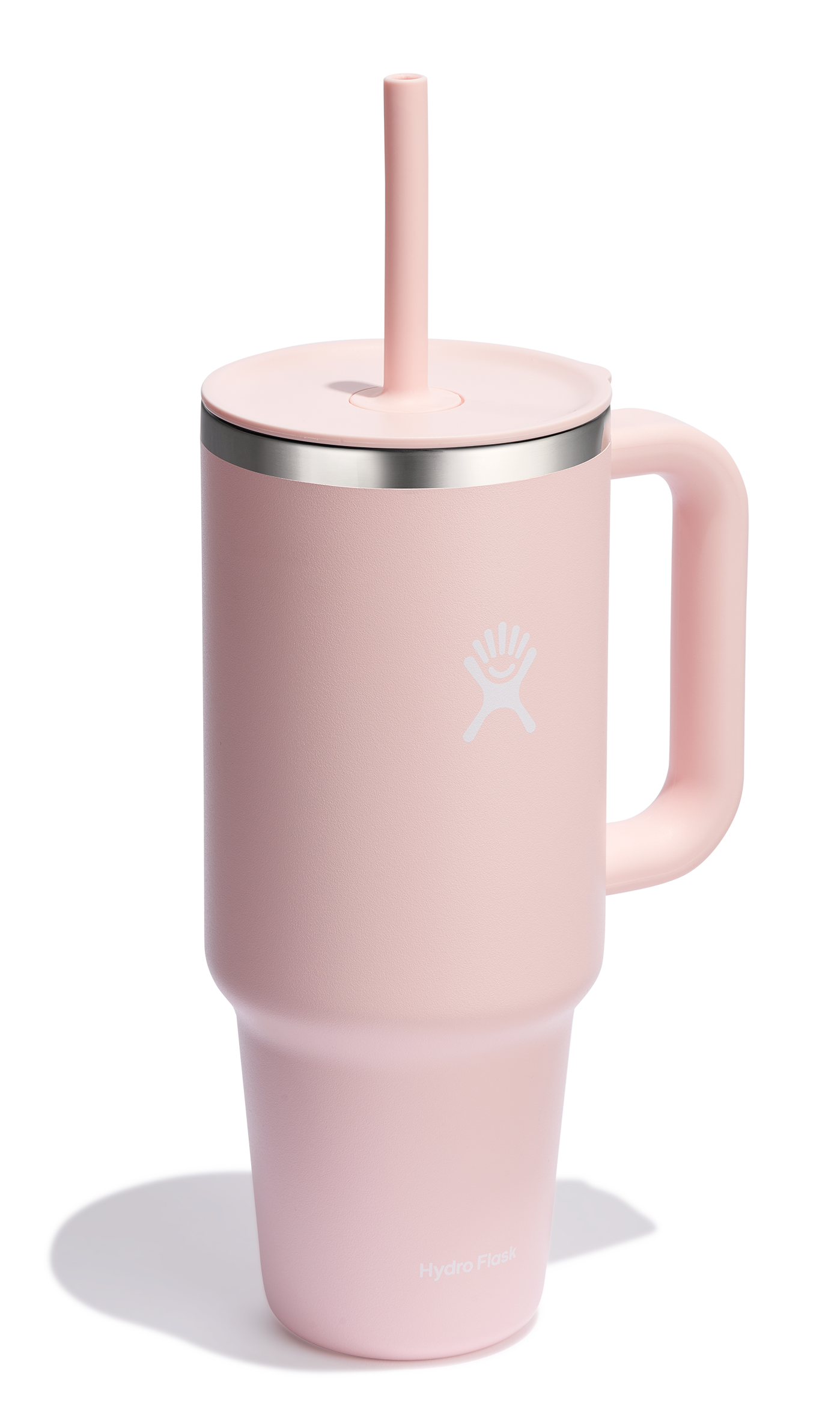 Pink stainless steel mug with handle, lid, and straw.