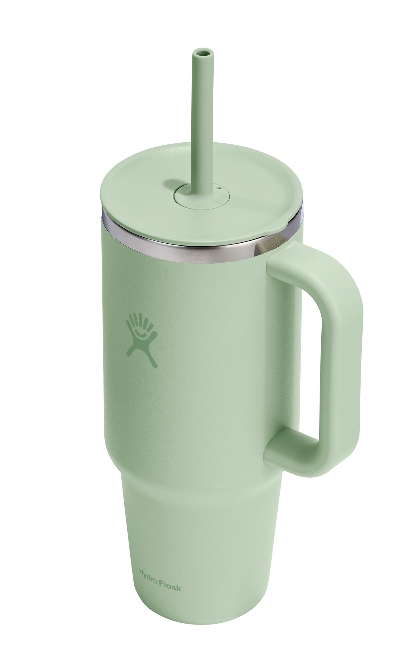 Light green travel mug with handle and straw.