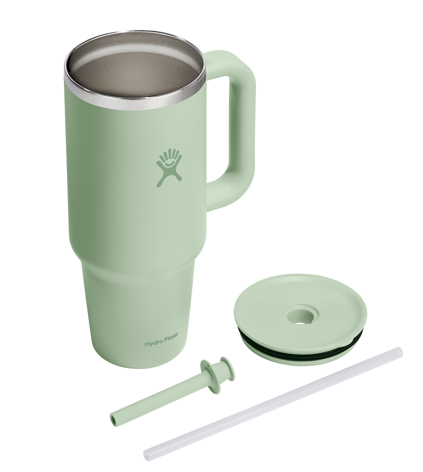 Green metal mug with handle, lid, and straw.