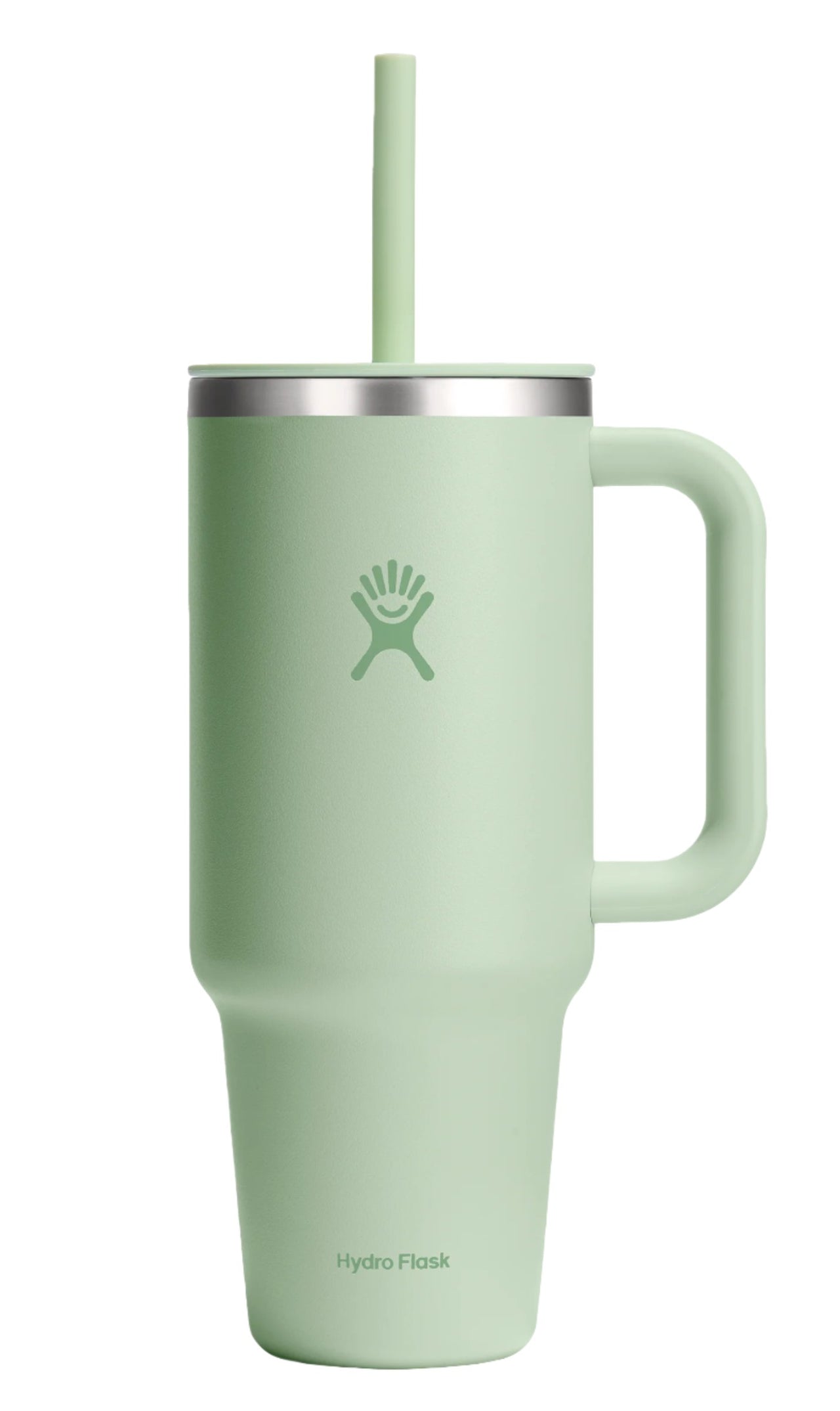 Green tumbler with a handle, lid, and straw; the text "Hydro Flask" is visible on the lower portion.