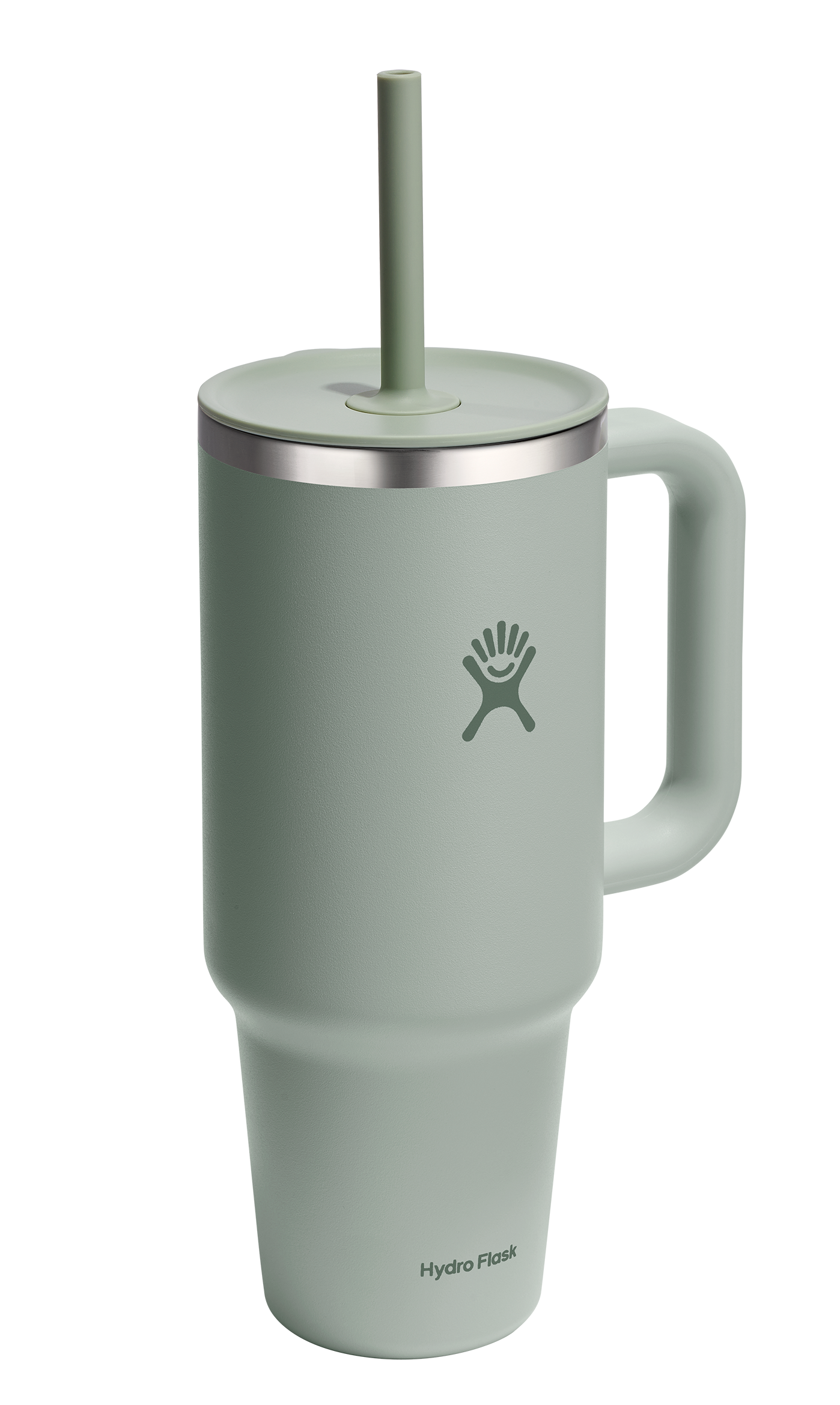 Green stainless steel tumbler with handle and straw, logo visible.