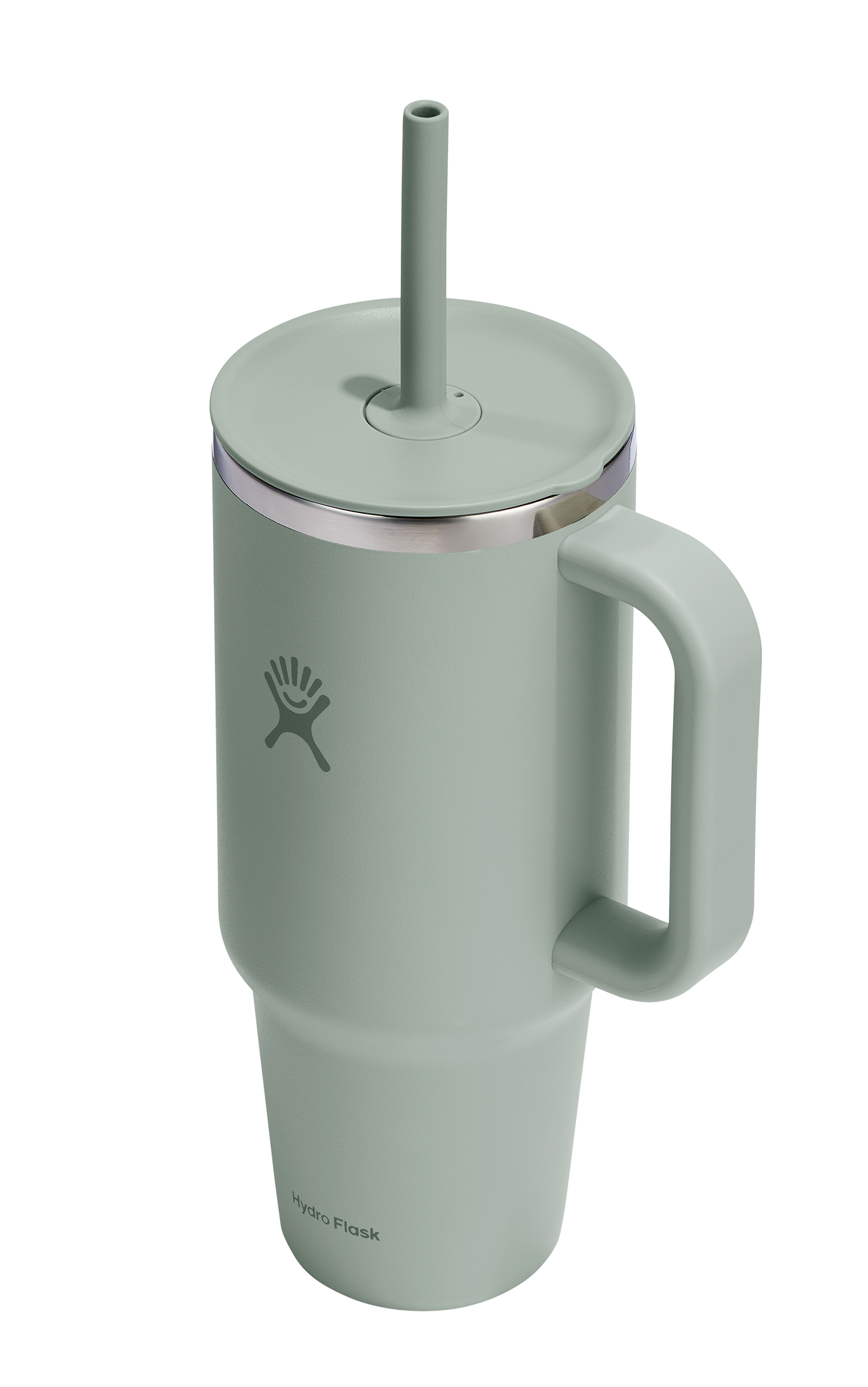 Sage-green insulated mug with handle and straw.