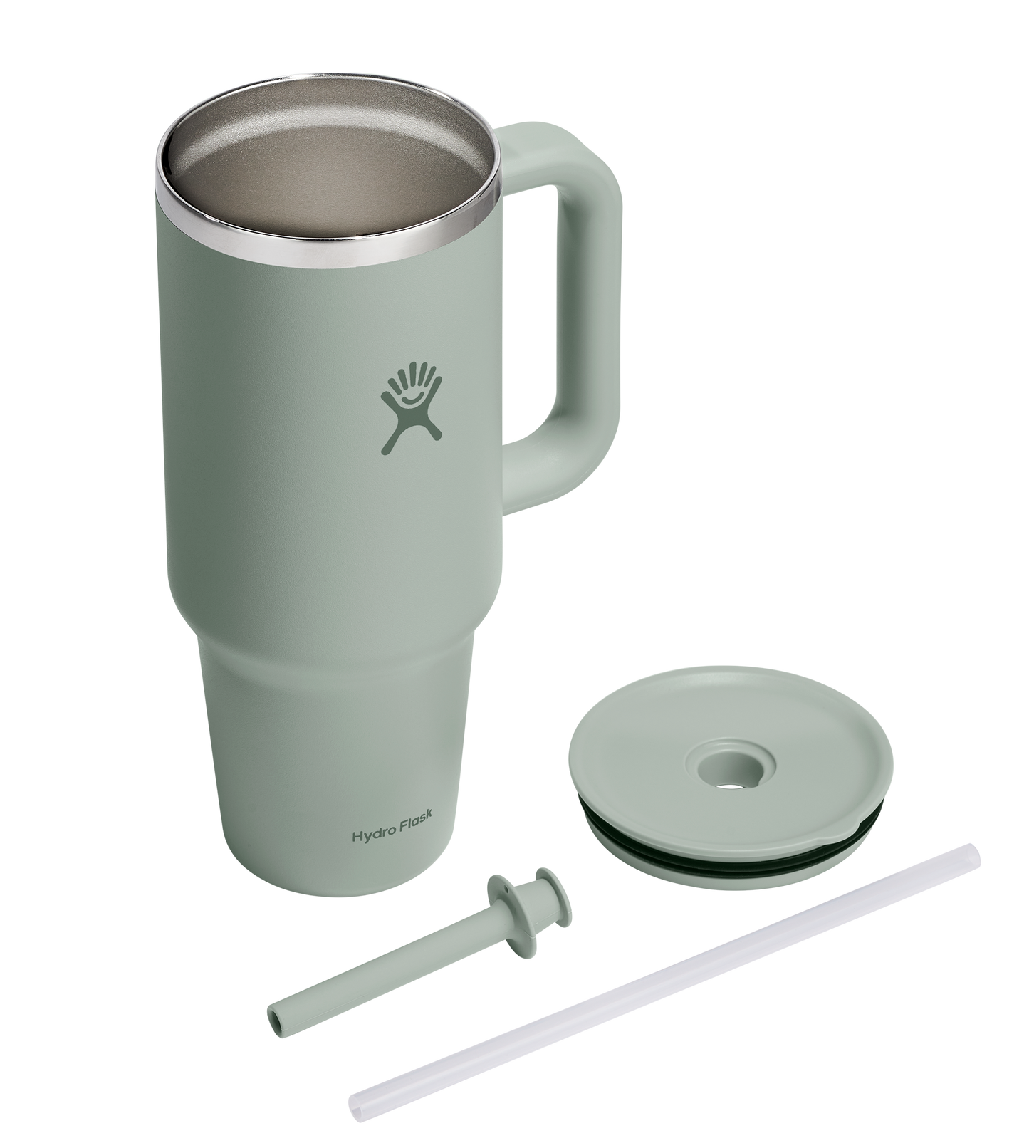 Insulated green stainless steel mug with handle, lid, and straw.