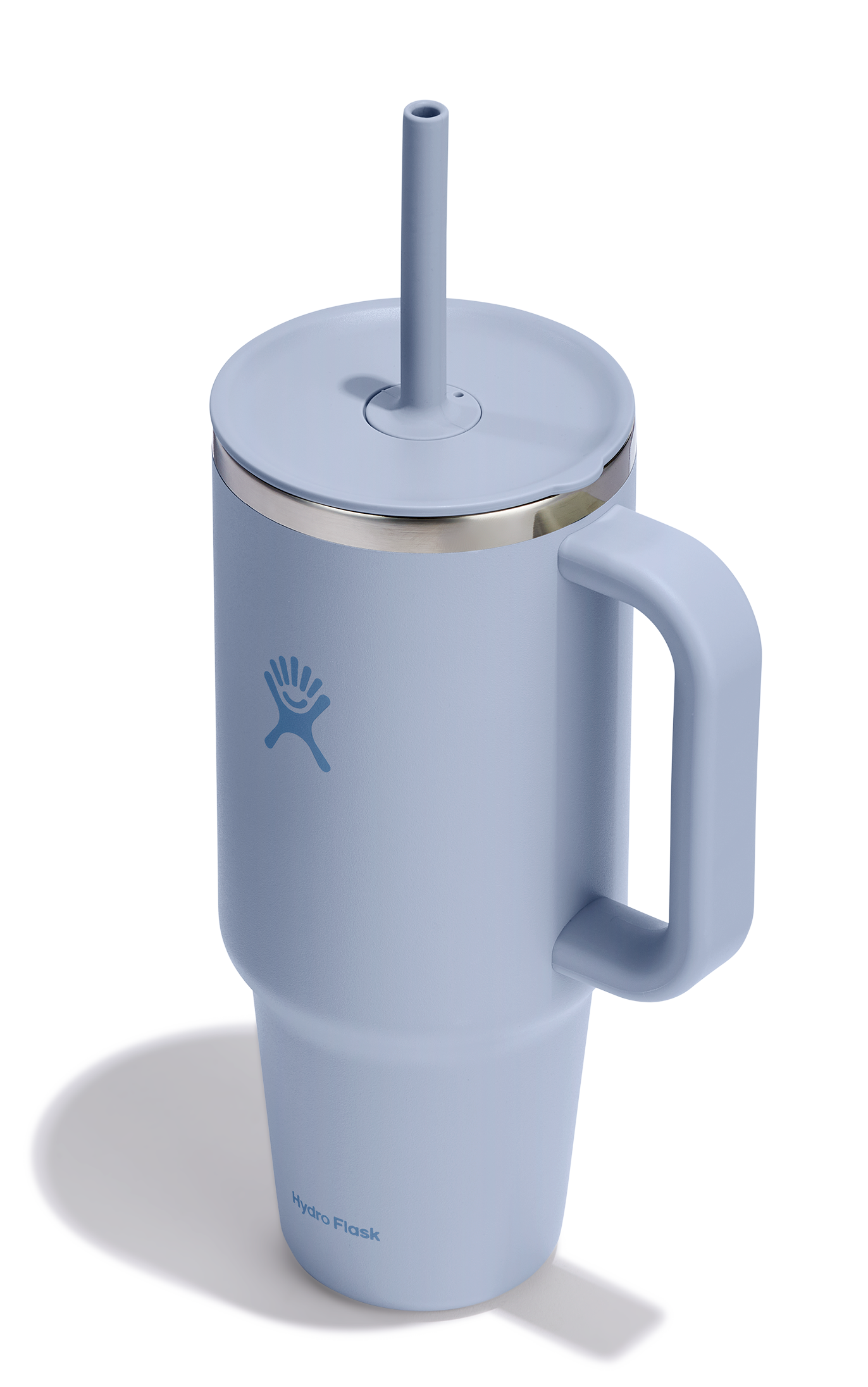 Blue tumbler with handle, lid, and straw.