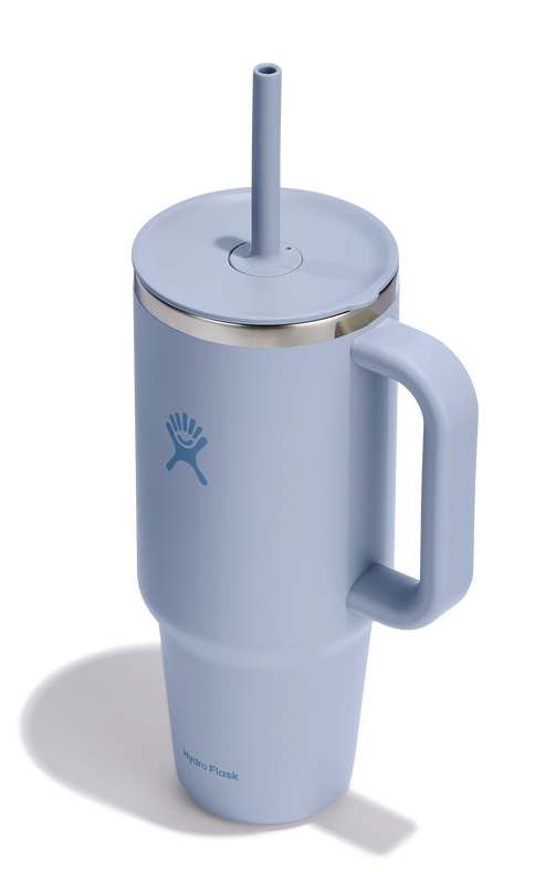 Blue tumbler with handle, lid, and straw.