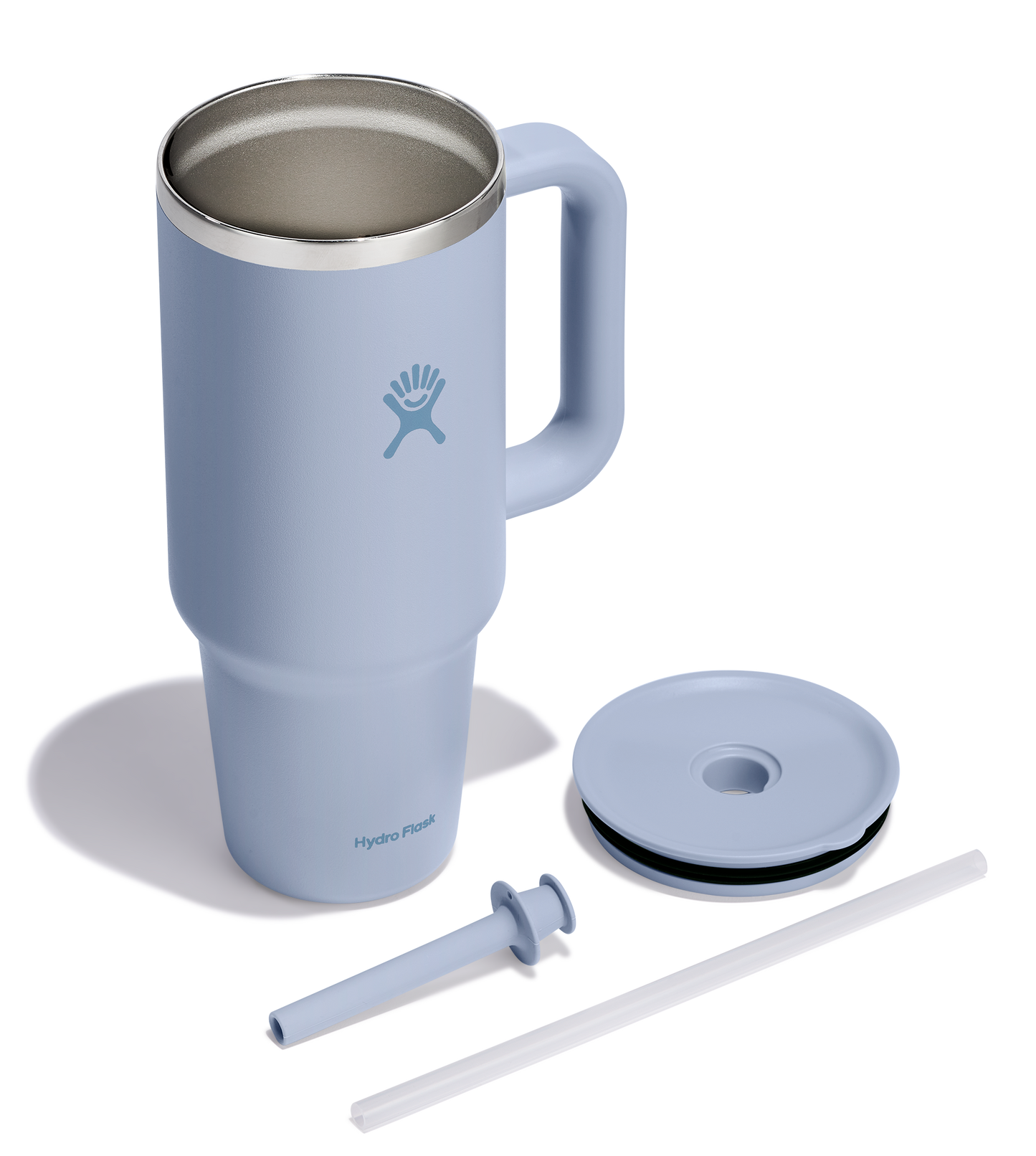 Insulated blue stainless steel mug with handle, lid, and straw.