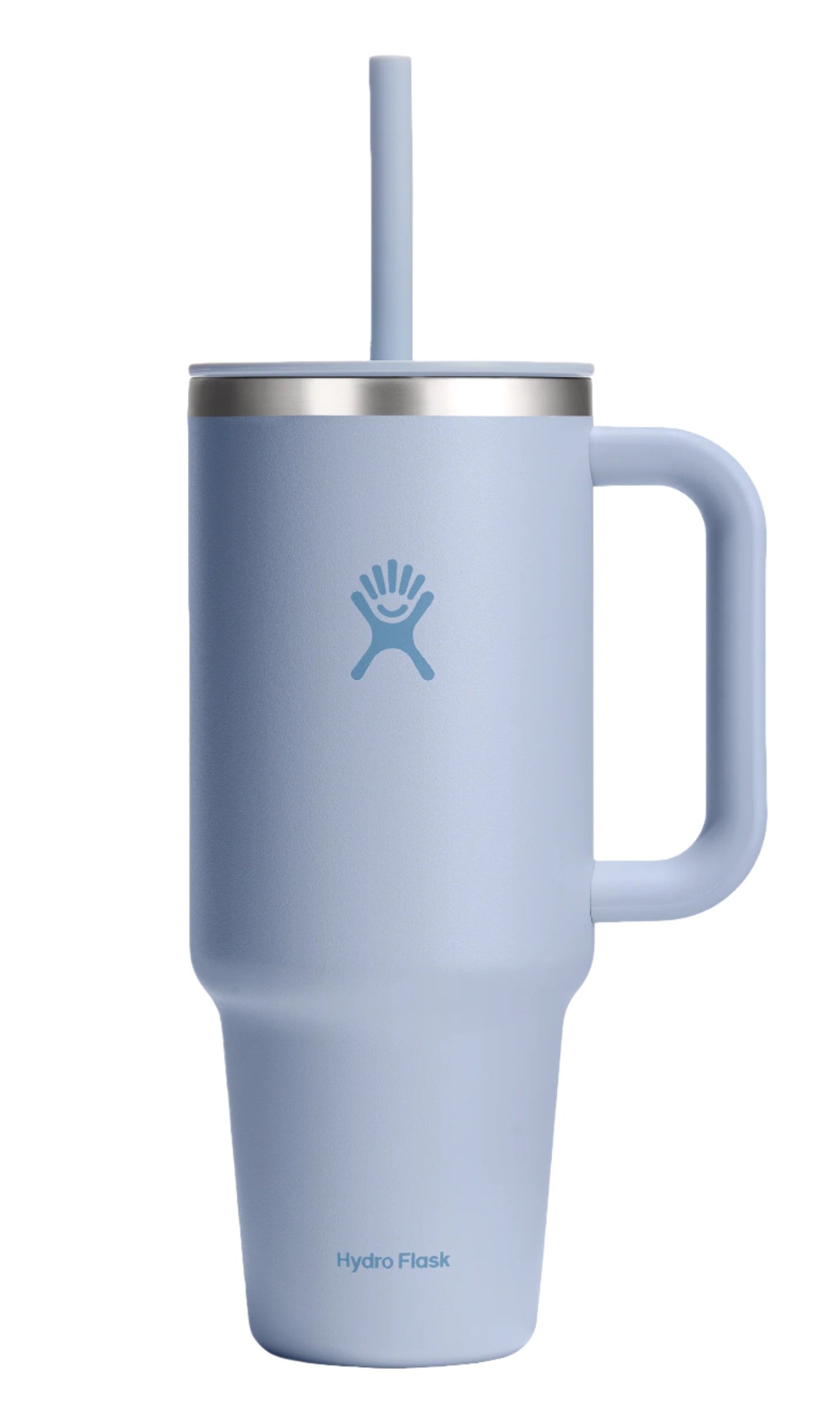 Light blue tumbler with handle and straw, logo on the side, reads "Hydro Flask".