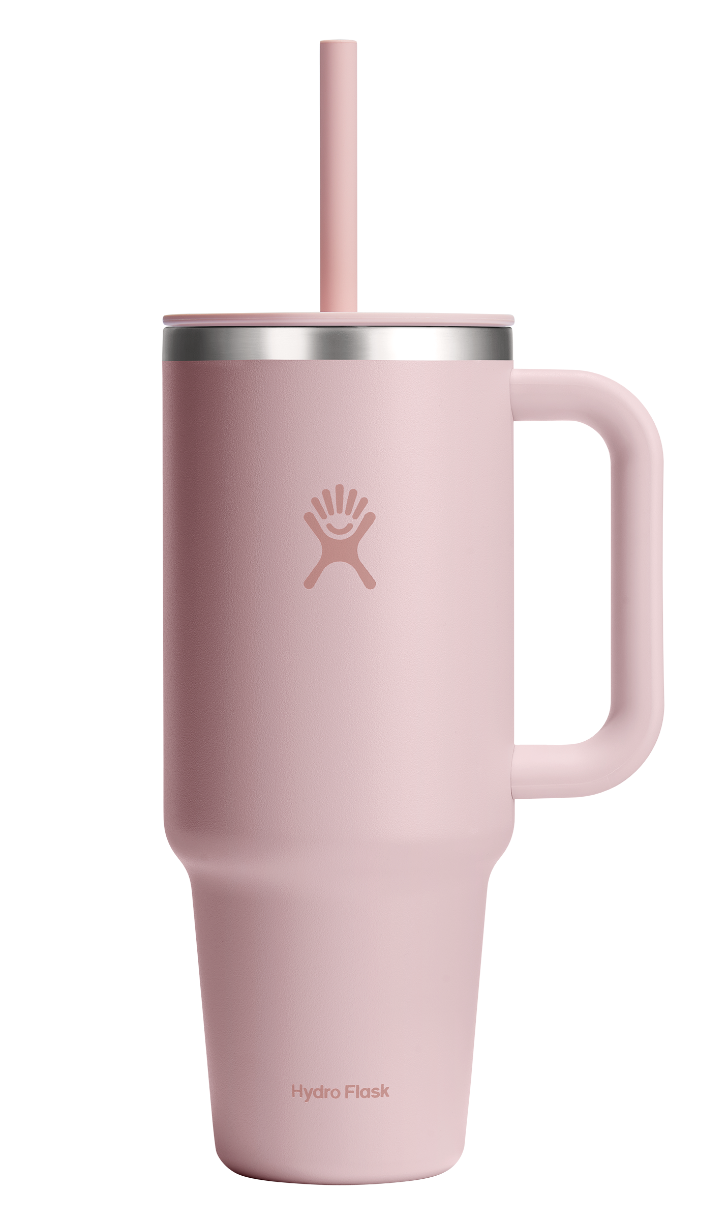 Pink stainless steel tumbler with handle and straw.