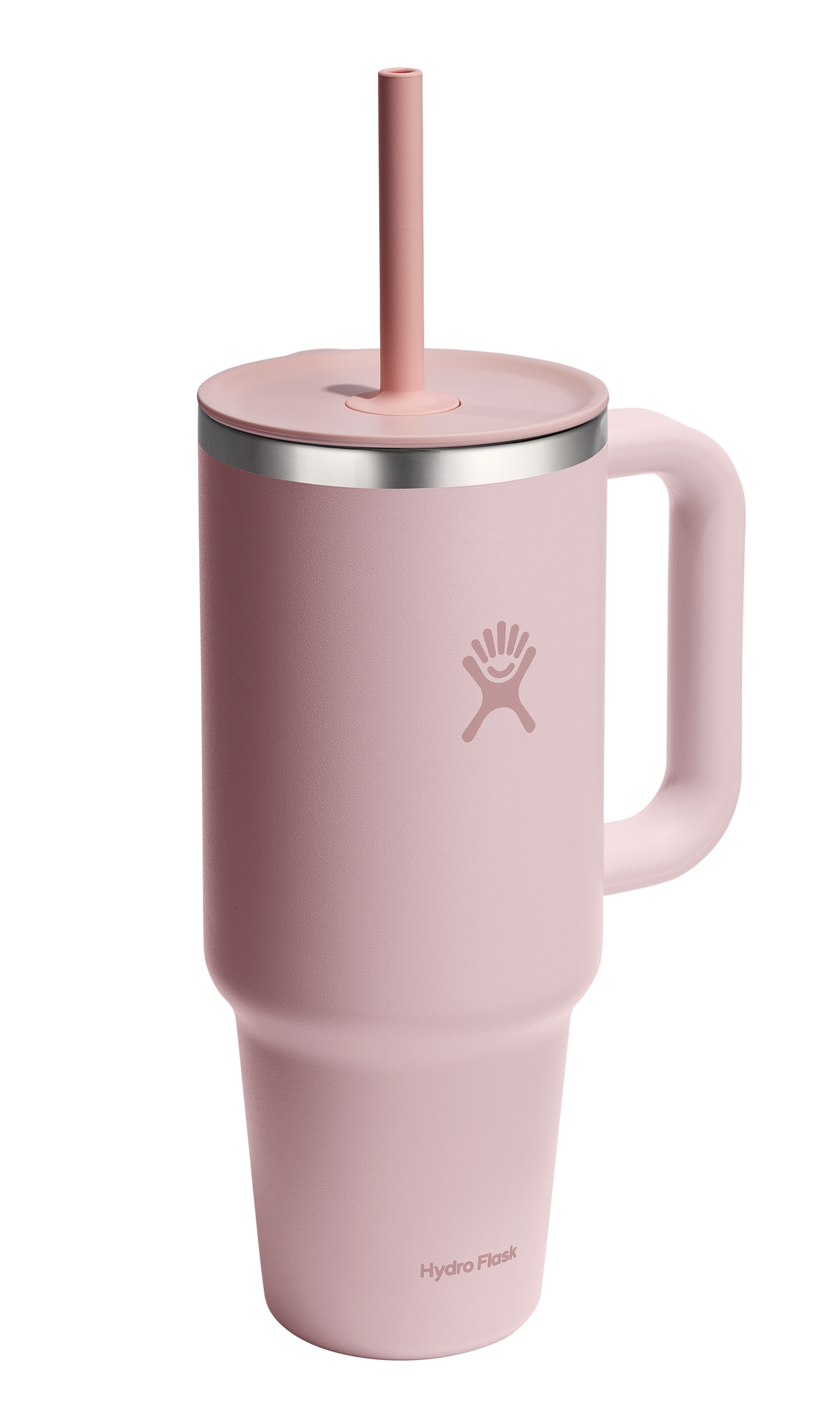 Pink stainless steel tumbler with handle and straw.