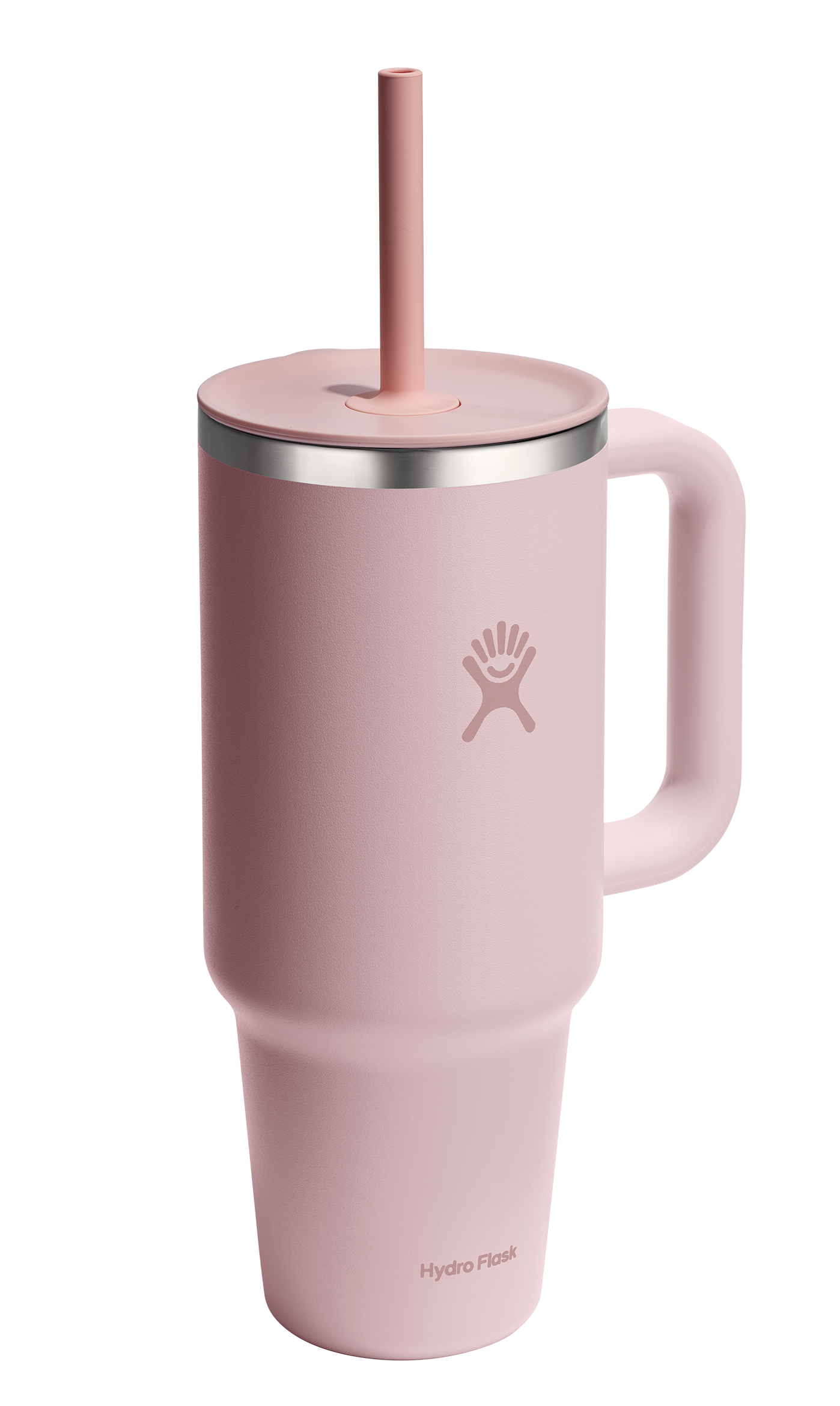 Pink stainless steel tumbler with handle and straw.
