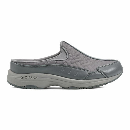 Gray, slip-on walking shoe with quilted pattern on top and four air holes on the side.