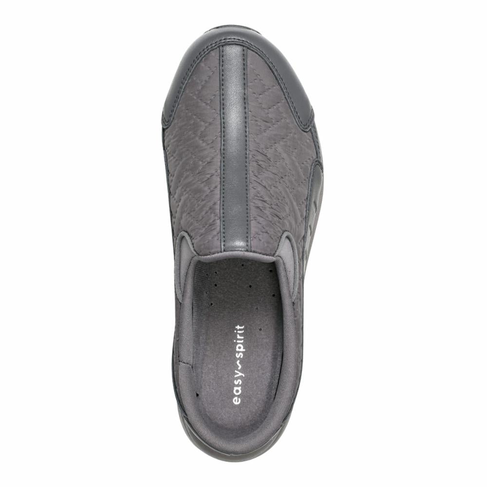 Gray quilted slip-on shoe with "easy-spirit" branding on the insole.