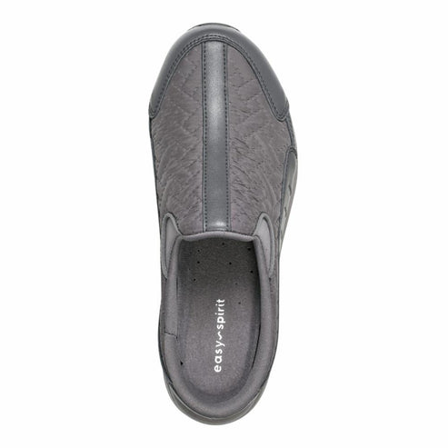 Gray quilted slip-on shoe with "easy-spirit" branding on the insole.