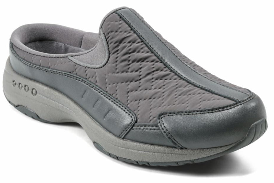 Gray slip-on casual shoe with quilted upper and padded sole.