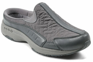Gray slip-on casual shoe with quilted upper and padded sole.