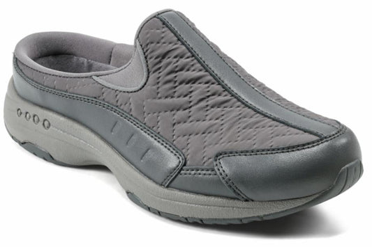 Gray slip-on casual shoe with quilted upper and padded sole.