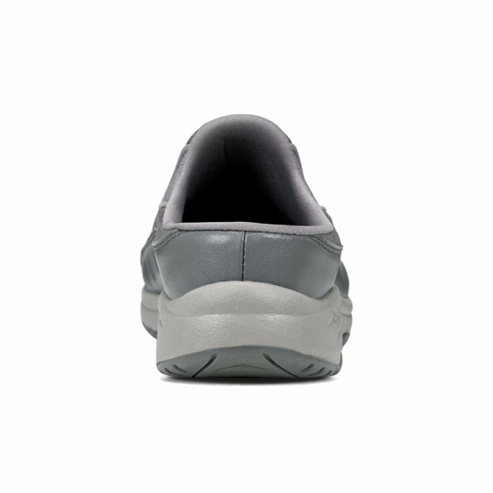 Back view of a gray mule with a rounded toe and slip-on style.