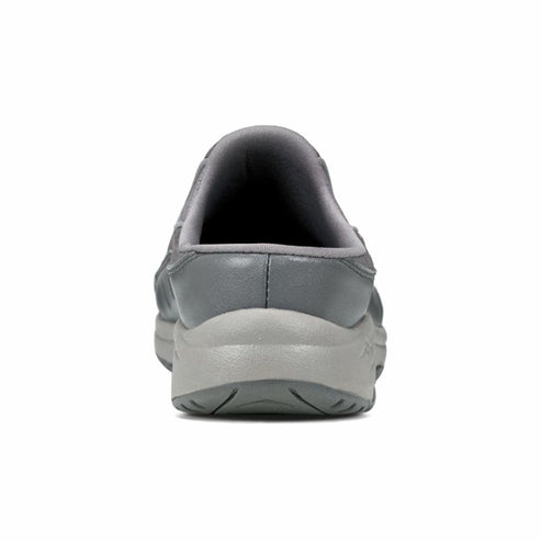Back view of a gray mule with a rounded toe and slip-on style.