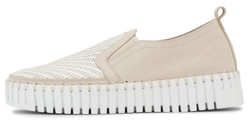 A slip-on shoe with a woven front and a white, ribbed sole.