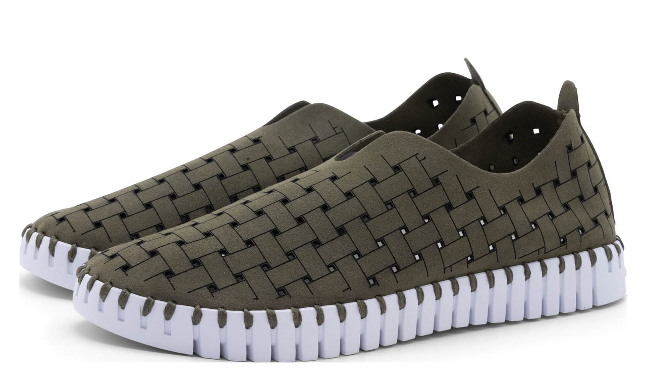 Olive green, woven slip-on sneaker with white sole.