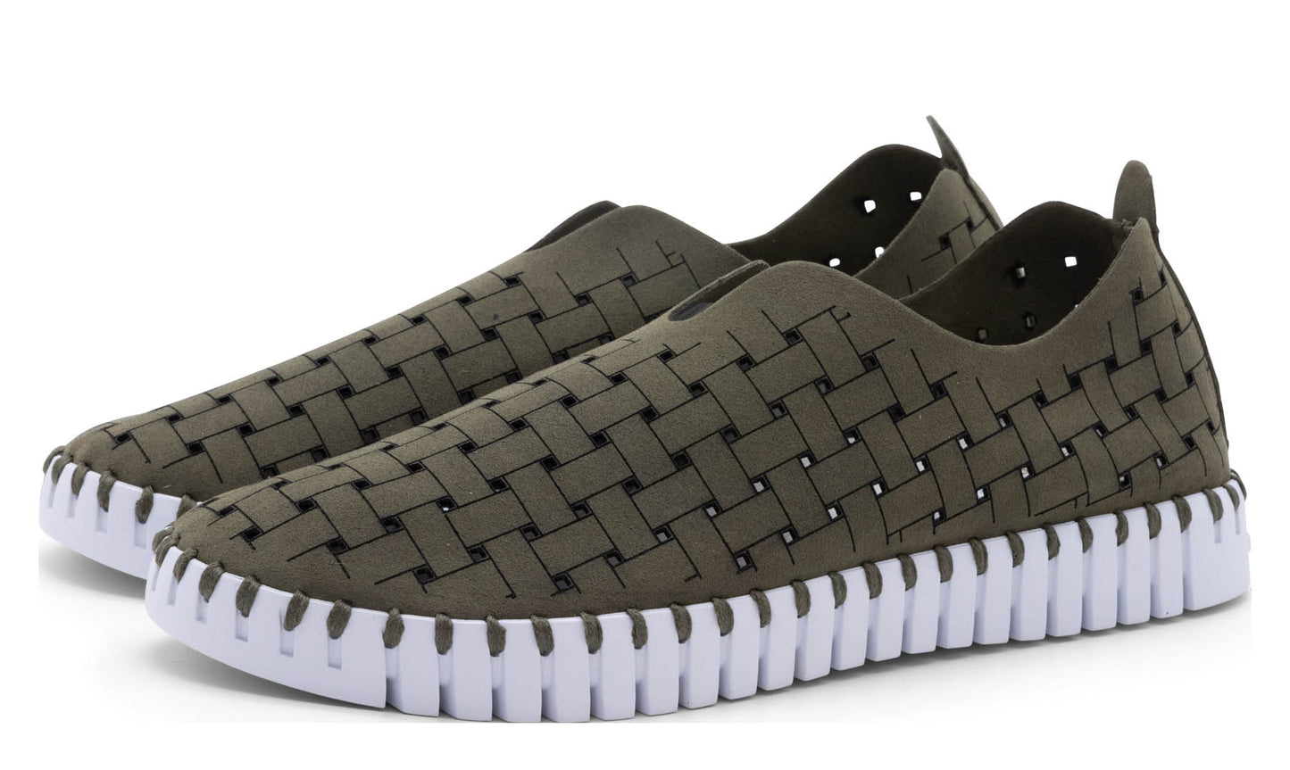 Olive green, woven slip-on sneaker with white sole.