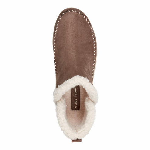 Brown suede slipper with white sherpa lining.