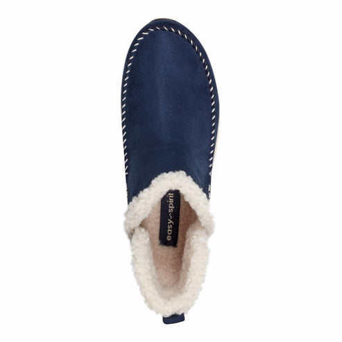 Navy blue slipper with white sherpa lining and white stitching around the upper edge, "easy spirit" label inside.